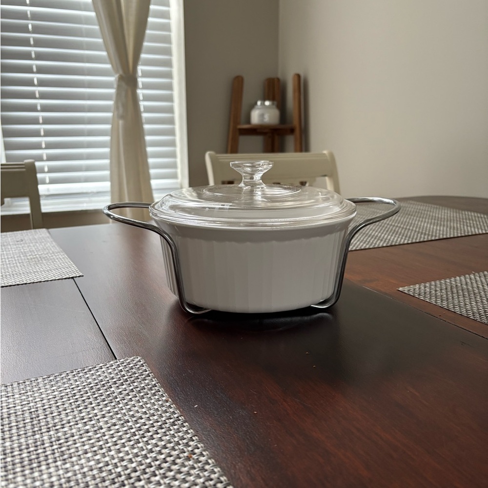 White Corningware Casserole Dish with Lid and stand